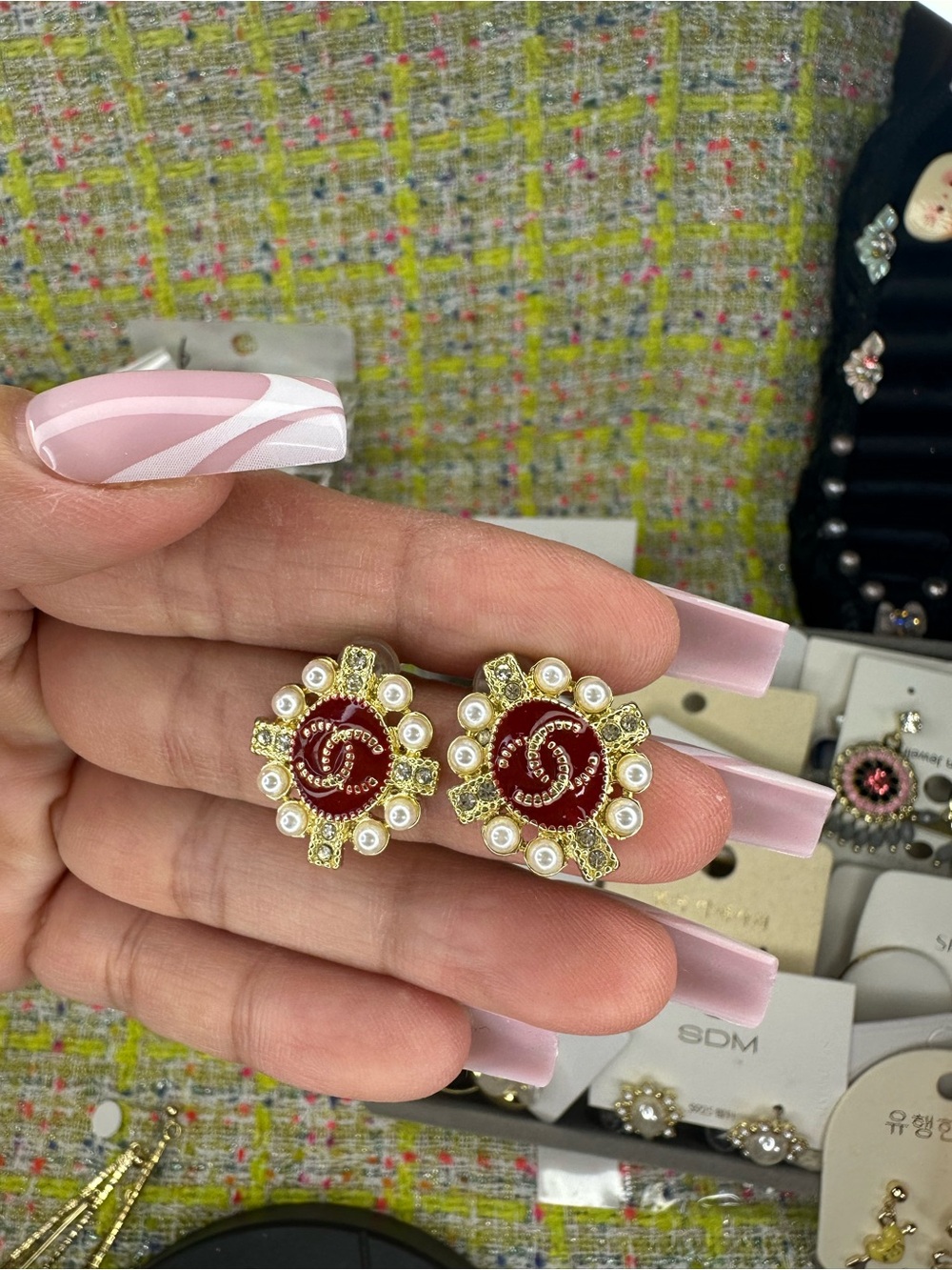 Gold-Tone Red Pearl Cluster Earrings